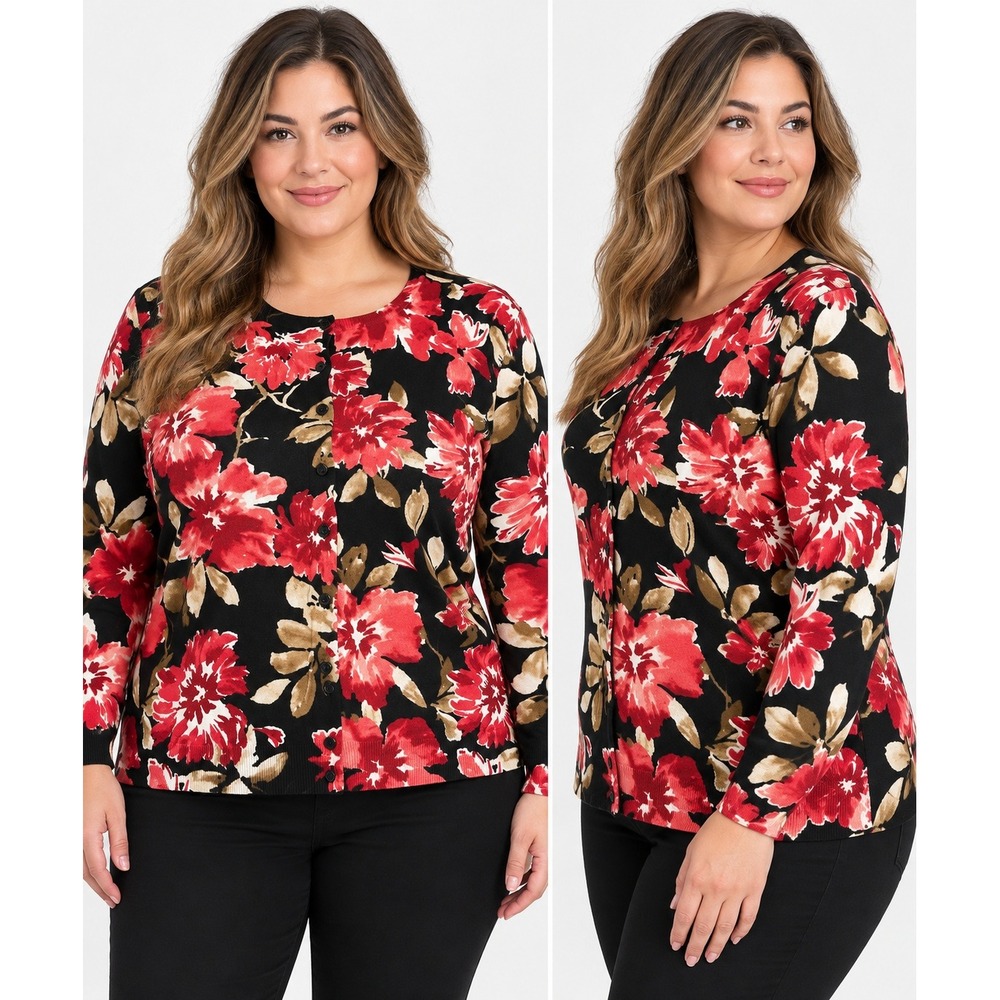 Karen Scott Woman Floral Cardigan Sweater Black Red Plus Size 1X Cotton Blend